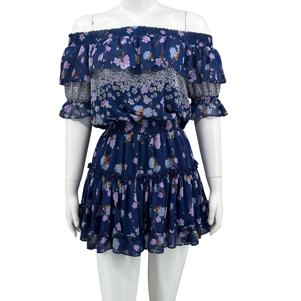 MISA Los Angeles Dress Womens XS Blue Darcil Floral Off Shoulder Tiered Ruffle